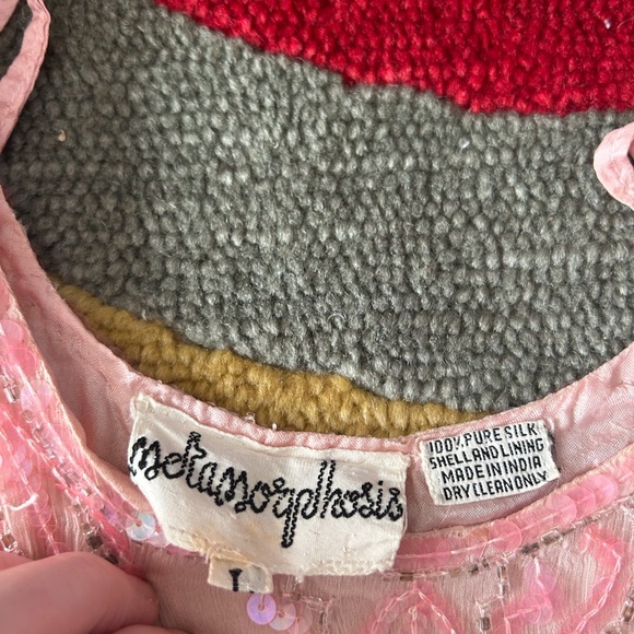 100% Pure Silk Vintage Retro Pink Long Sleeve Dress Beaded Sequins Made in India - Picture 4 of 9